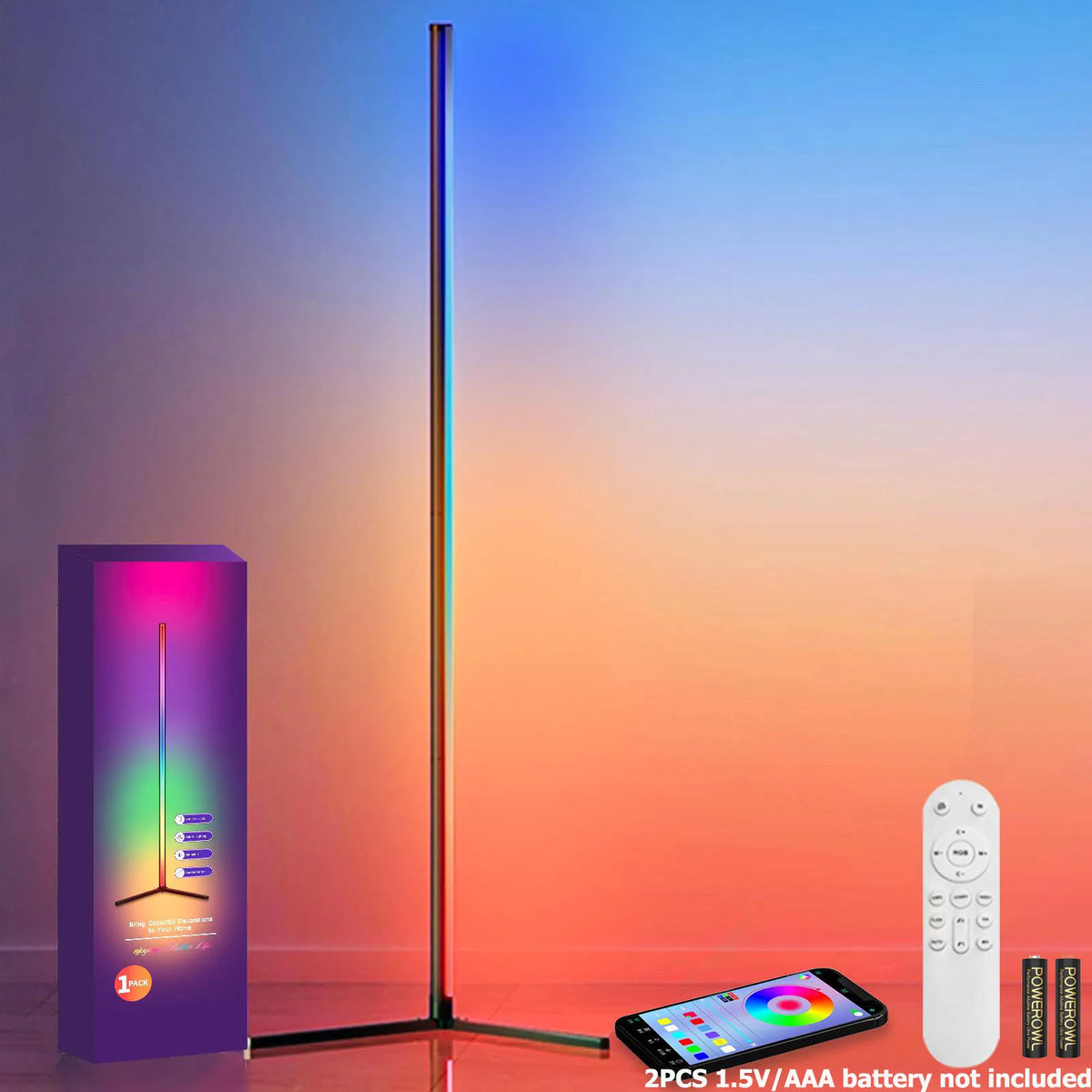 Lampe sur pied élancée avec affichage LED RVB vertical contre un fond dégradé.