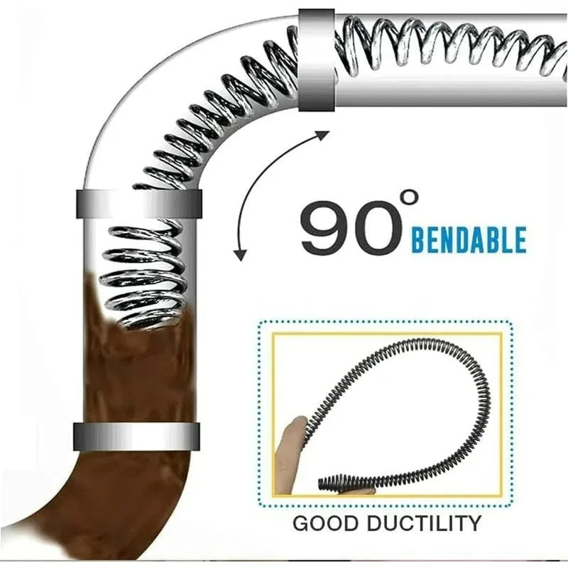 A silver spring-loaded drain cleaning tool demonstrating a 90-degree bendable design and good ductility.
