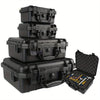 A stack of black waterproof hard carry cases for tool and sponge storage, with one case open showing tools.