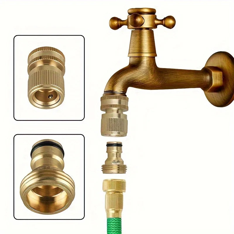 طقم خرطوم حديقة نحاسي للوصل السريع، يعرض صنبورًا رئيسيًا ومختلف تركيبات نحاسية للتوصيل.