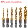 A set of six titanium coated hex shank tap and drill bits in various sizes M3, M4, M5, M6, M8, and M10.