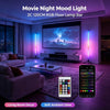 A modern living room setup featuring a glowing blue and purple LED light bar lamp illuminating the space.