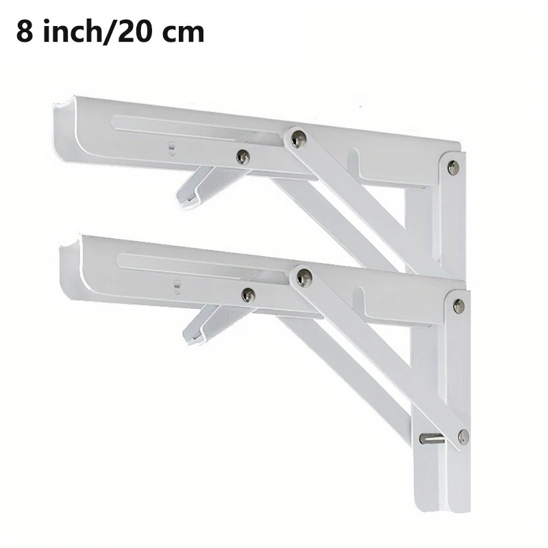 White steel folding shelf brackets designed for workbench use