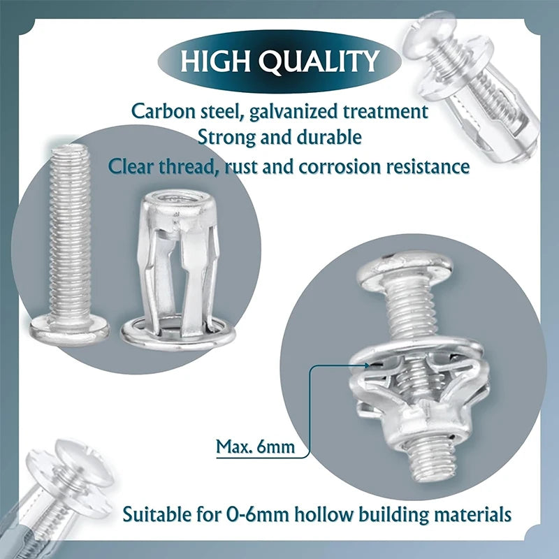 Image showing a set of high-quality carbon steel galvanized expansion screws and petal nuts suitable for 0-6mm hollow buildin