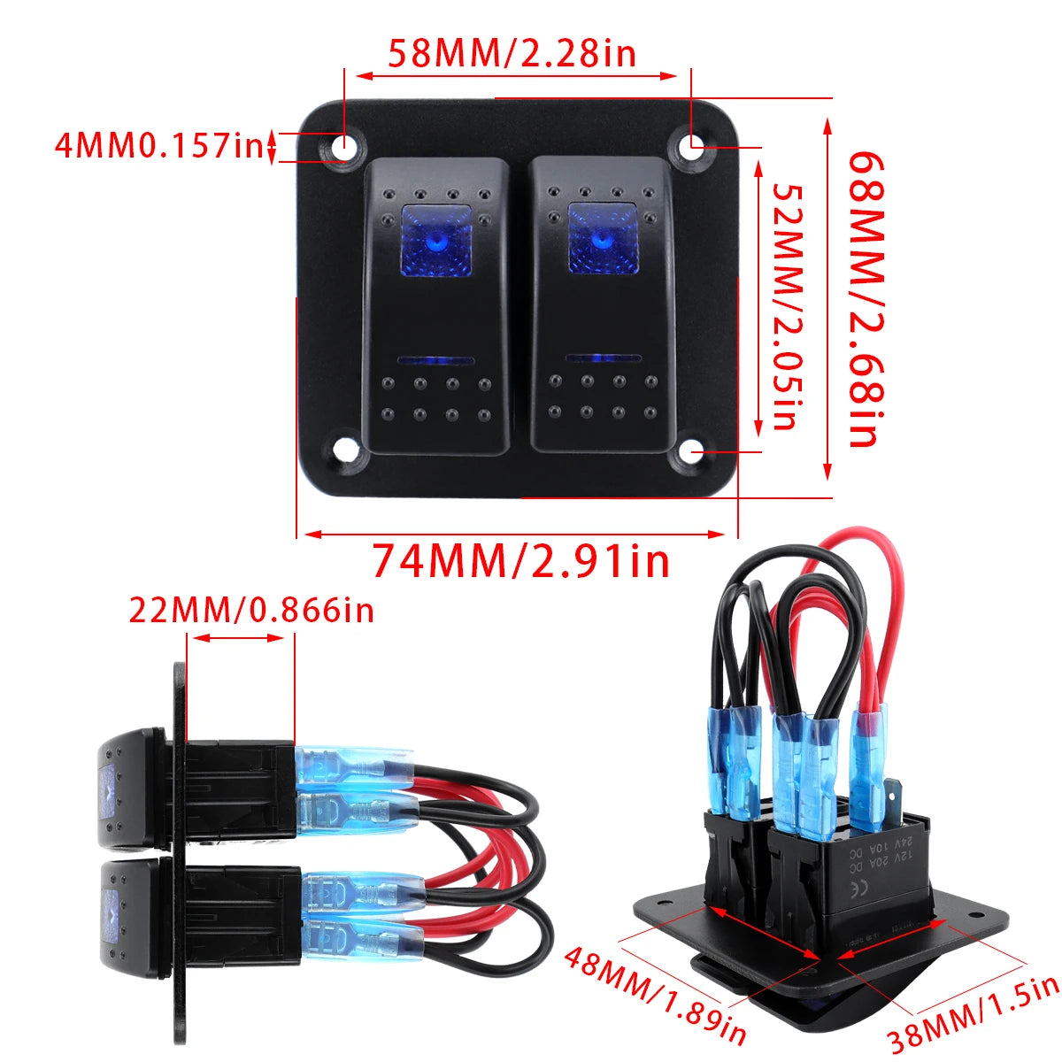Black multi-group rocker switch panel with two illuminated switches and wiring harness.