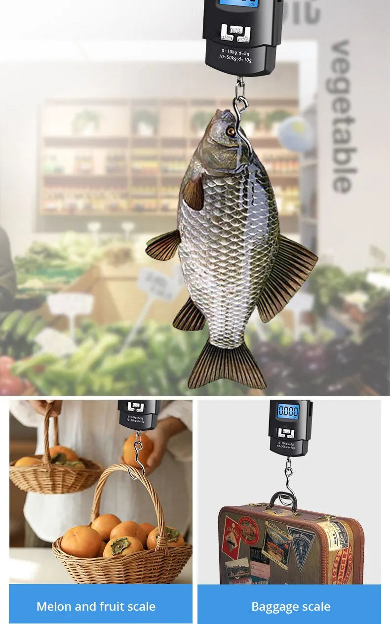 Portable digital luggage scale with a hook measuring fruit and baggage weight.