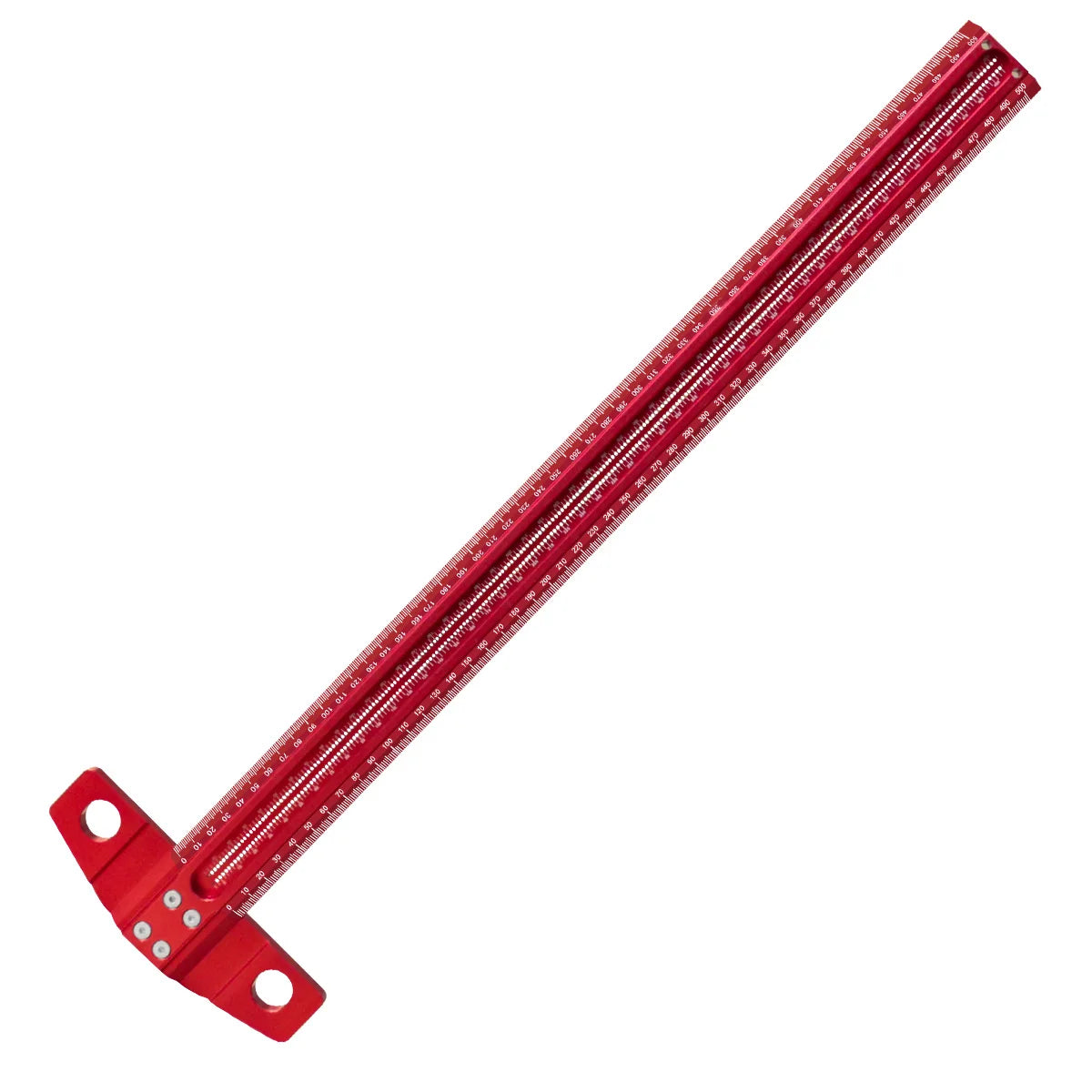 A red precision marking T-square with a ruler for woodworking measurements.