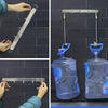 Hands are applying super strong reusable double-sided mounting tape to a black brick wall.