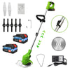 A set of 2-in-1 cordless electric lawn trimmers, including a handle, battery, and cutting blades.