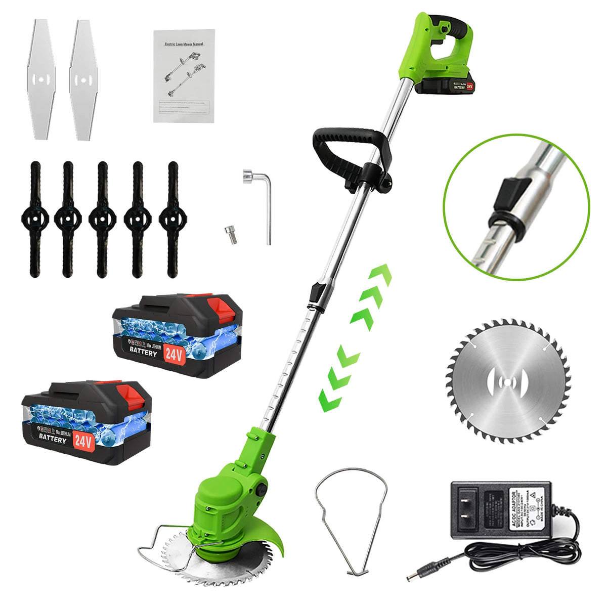 A set of 2-in-1 cordless electric lawn trimmers, including a handle, battery, and cutting blades.