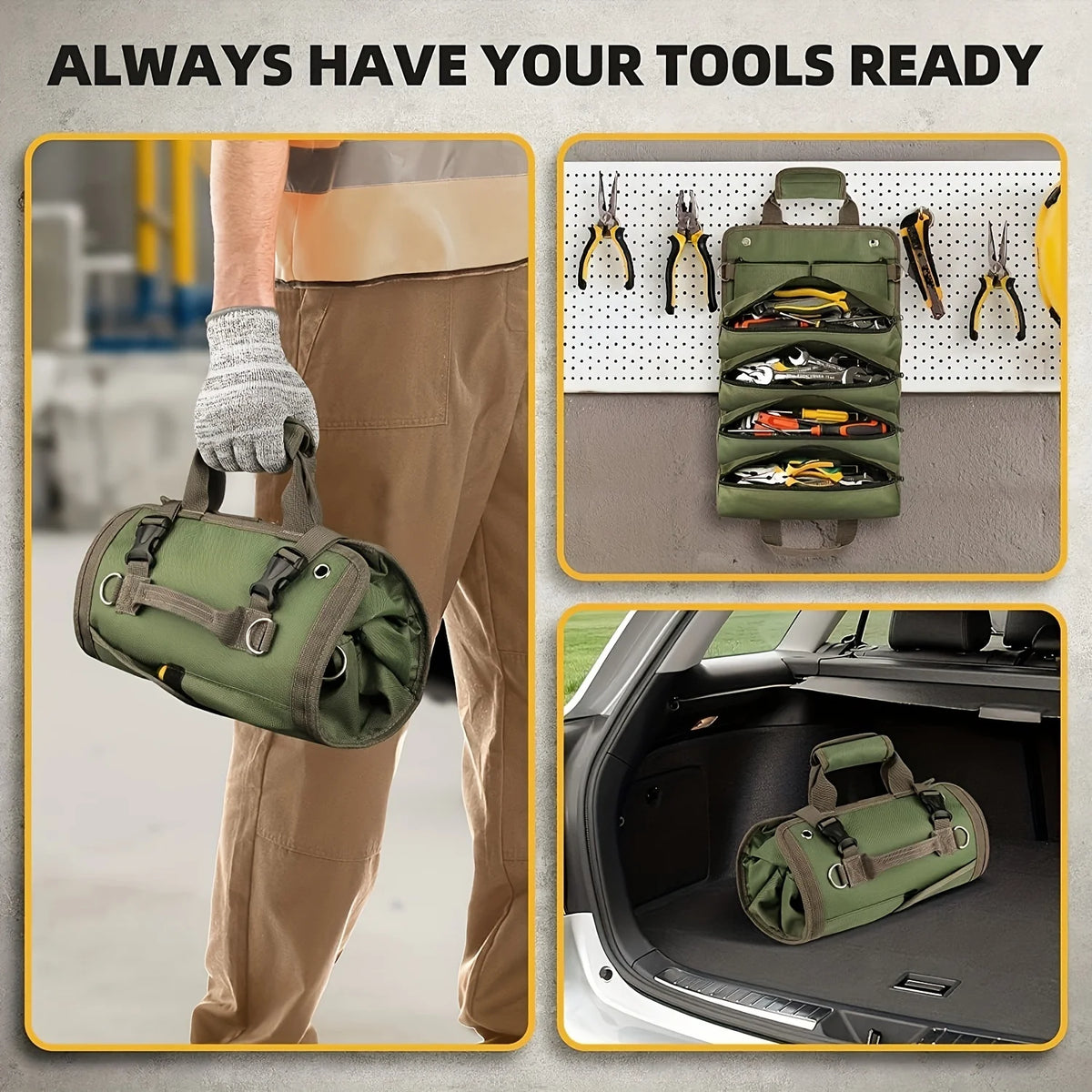 Eine schwere Roll-up-Werkzeugtasche wird von einer Person getragen und im Kofferraum eines Autos gelagert.