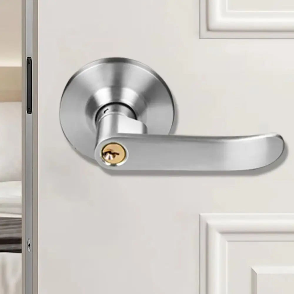 A silver door handle and lock set installed on a white door frame.