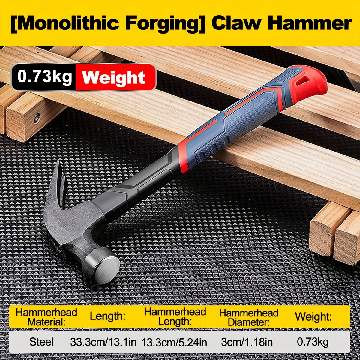 A black claw hammer with an orange grip and steel head resting on a wooden surface.