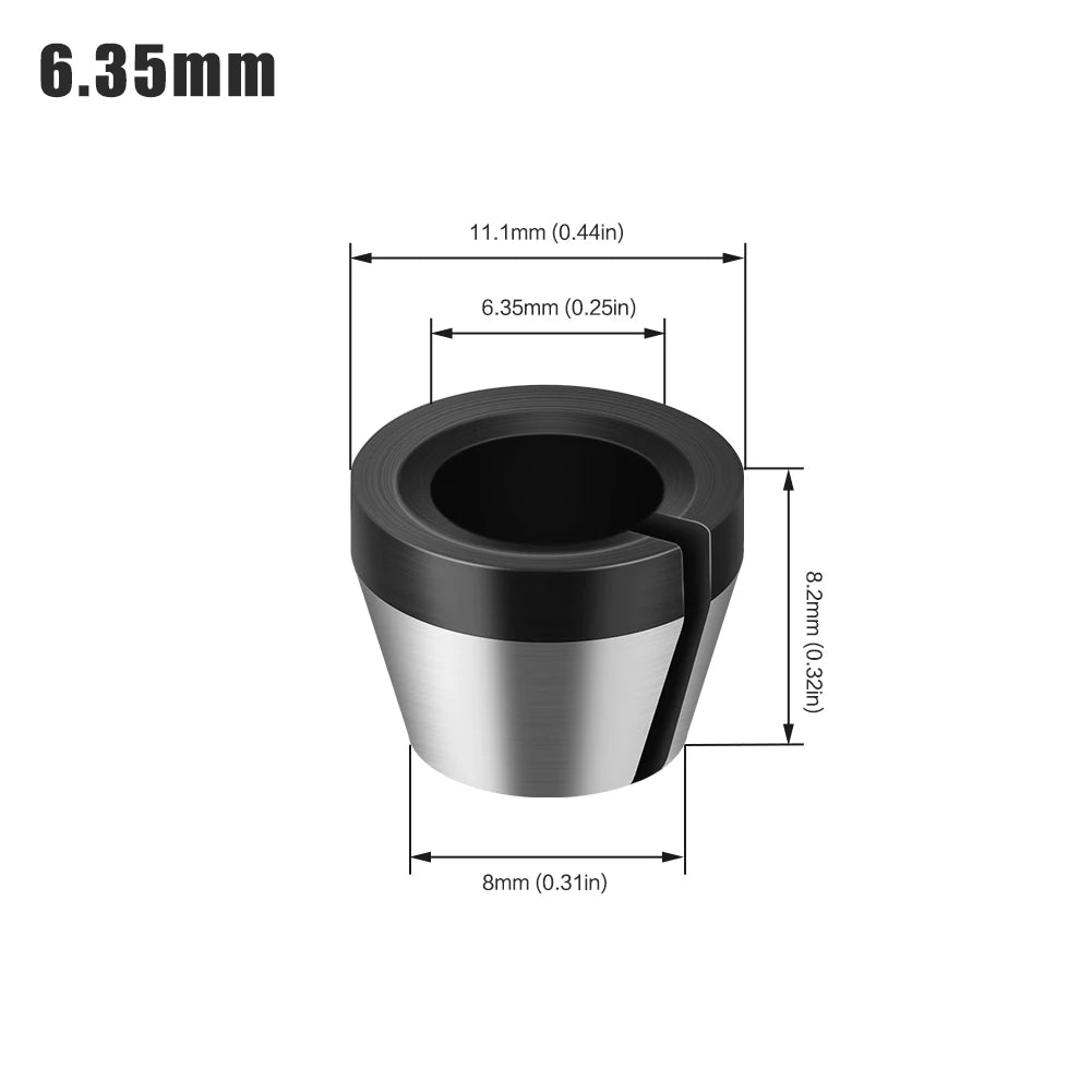 A silver precision router collet nut with dimensions 6.35mm by 8.2mm.