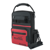 Mochila de herramientas negra con detalles rojos y múltiples bolsillos