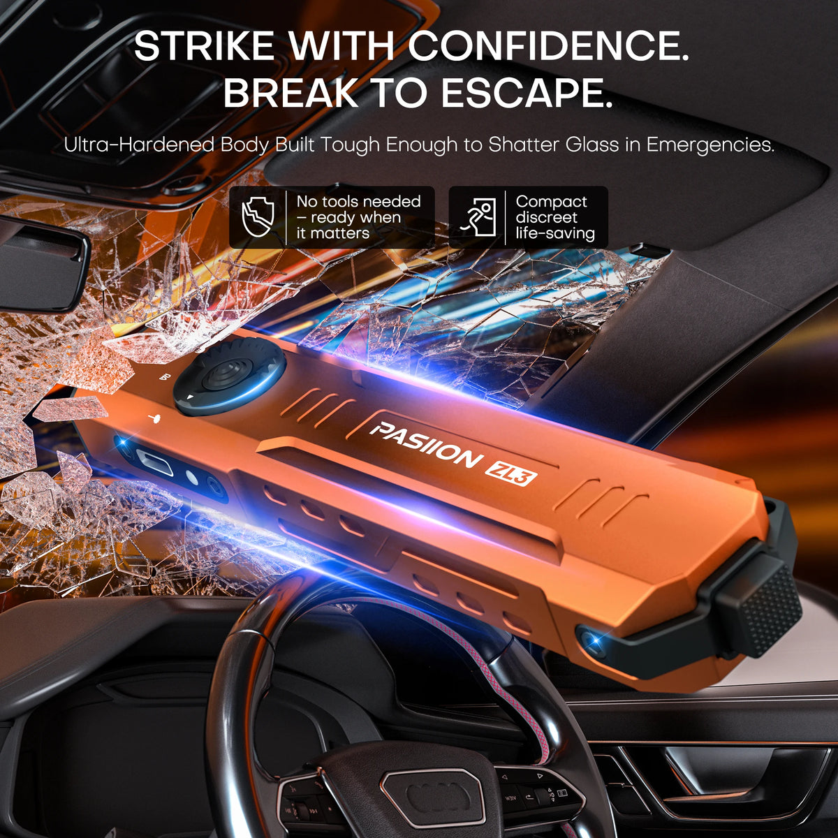An orange tactical flashlight is shown being used to shatter glass in an emergency situation.