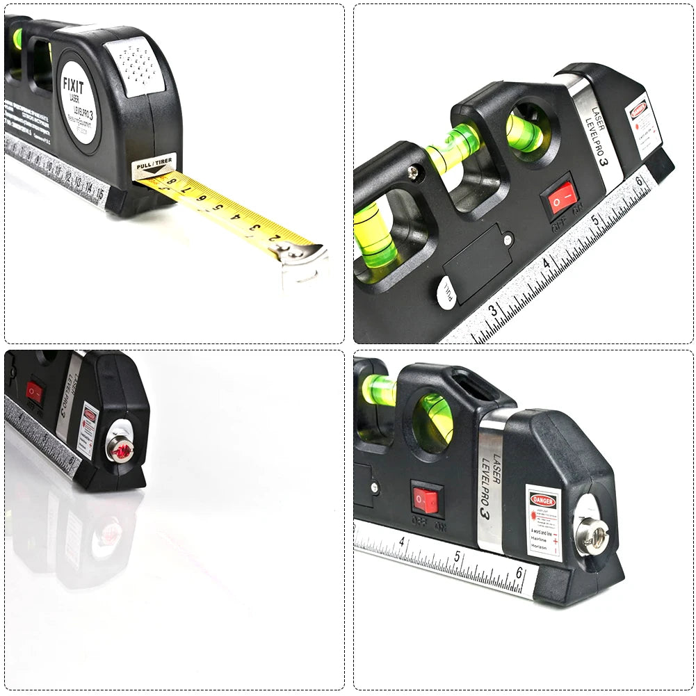 A professional laser level and measuring tape set shown in multiple views.