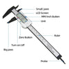 A digital caliper set showing various parts including jaws, LCD screen, ruler, and probe for precision measurement.