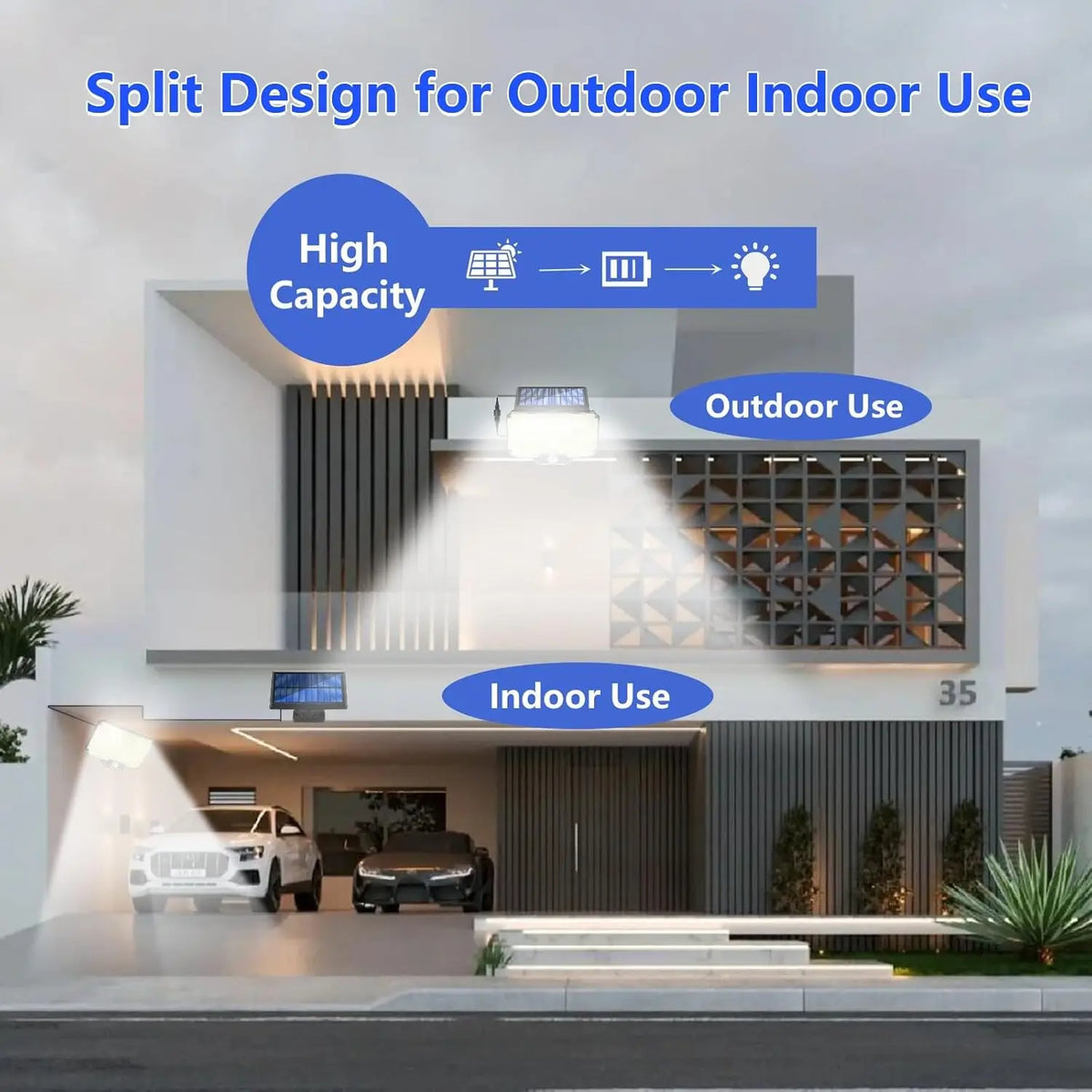 Split design for outdoor and indoor use showing a modern building facade with lighting features.