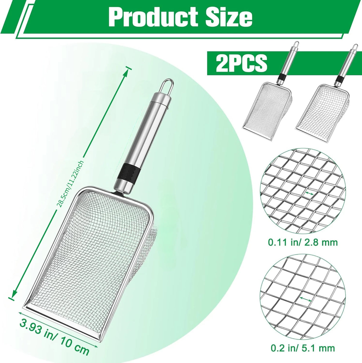 Two heavy duty stainless steel mesh sieves for soil or material separation, showing various sizes.