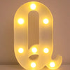 Luz nocturna con letra Q amarilla brillante LED iluminando la forma contra un fondo blanco.