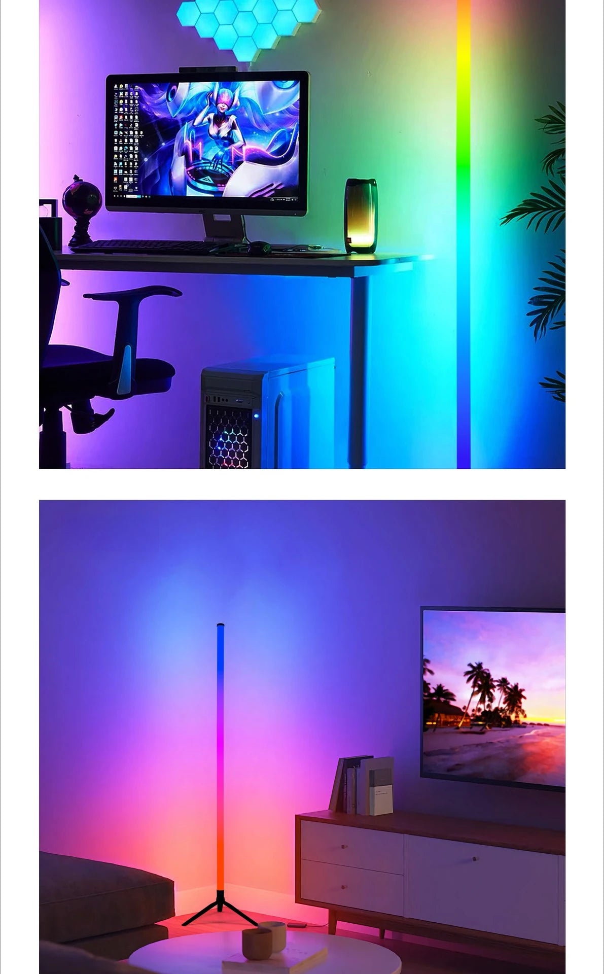 An RGB LED corner floor lamp illuminates a room, casting vibrant colors onto the walls and a television screen.