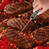 Une main utilise un thermomètre à viande numérique pour mesurer la température interne d'un steak grillé sur un barbecue.