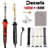 A set of Decwls soldering irons including a 100W and 50W iron, various tips, and different wire types like PP, ABS, PE, and P