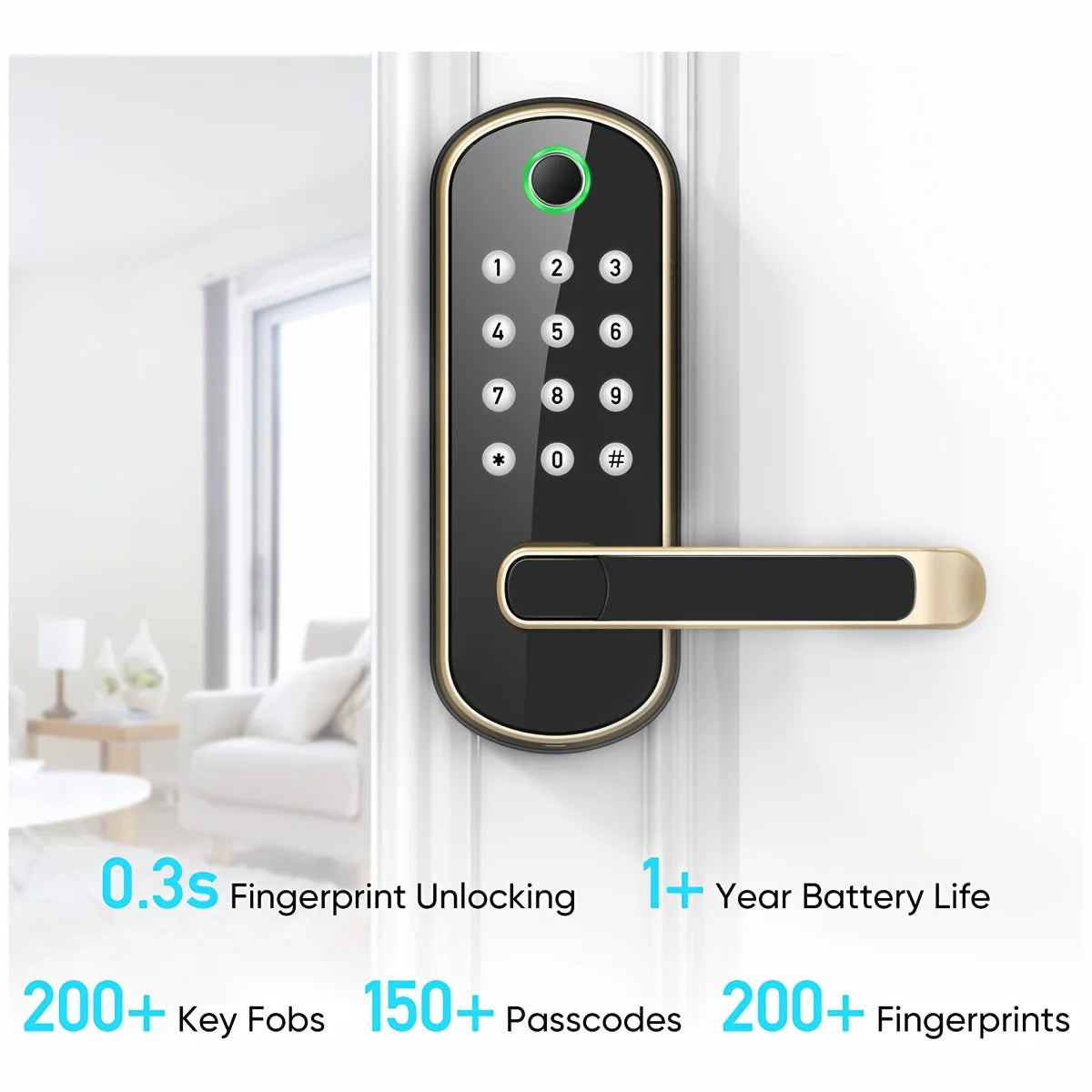 A black smart fingerprint door lock with a gold finish and a flat handle, showing various access options.