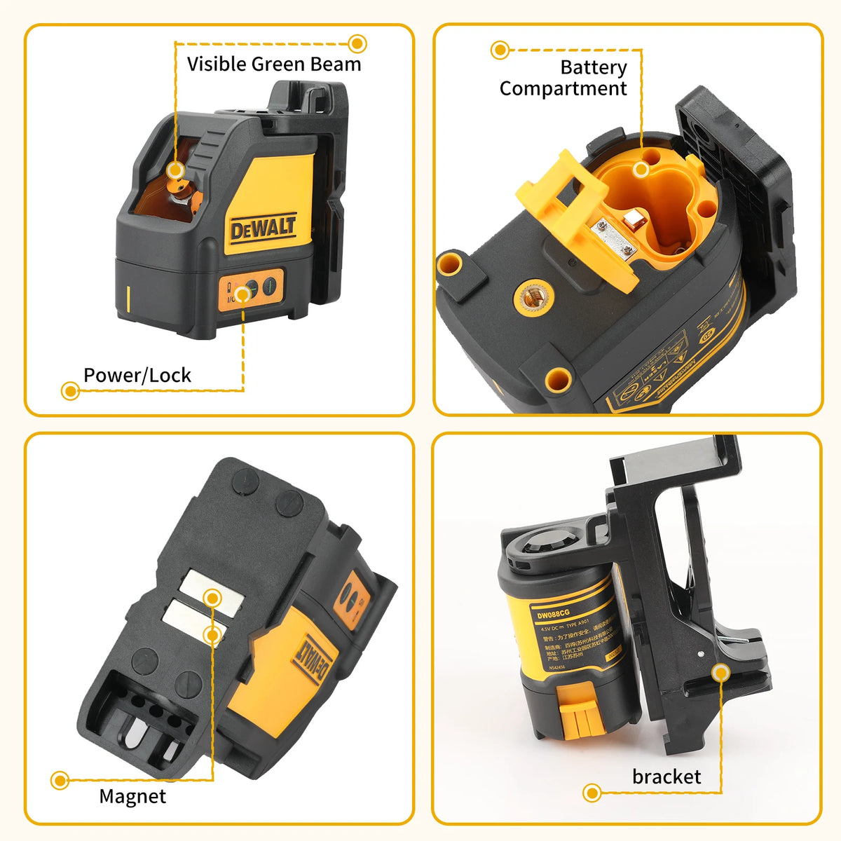 A DEWALT laser level tool showing its visible green beam, battery compartment, magnet, and bracket components.
