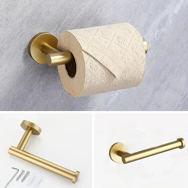 Rollo cilíndrico de almacenamiento de baño beige con accesorio de latón y pieza de montaje dorada.