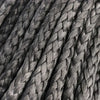 Close-up texture of a dark gray heavy-duty synthetic tow strap woven into a thick rope.