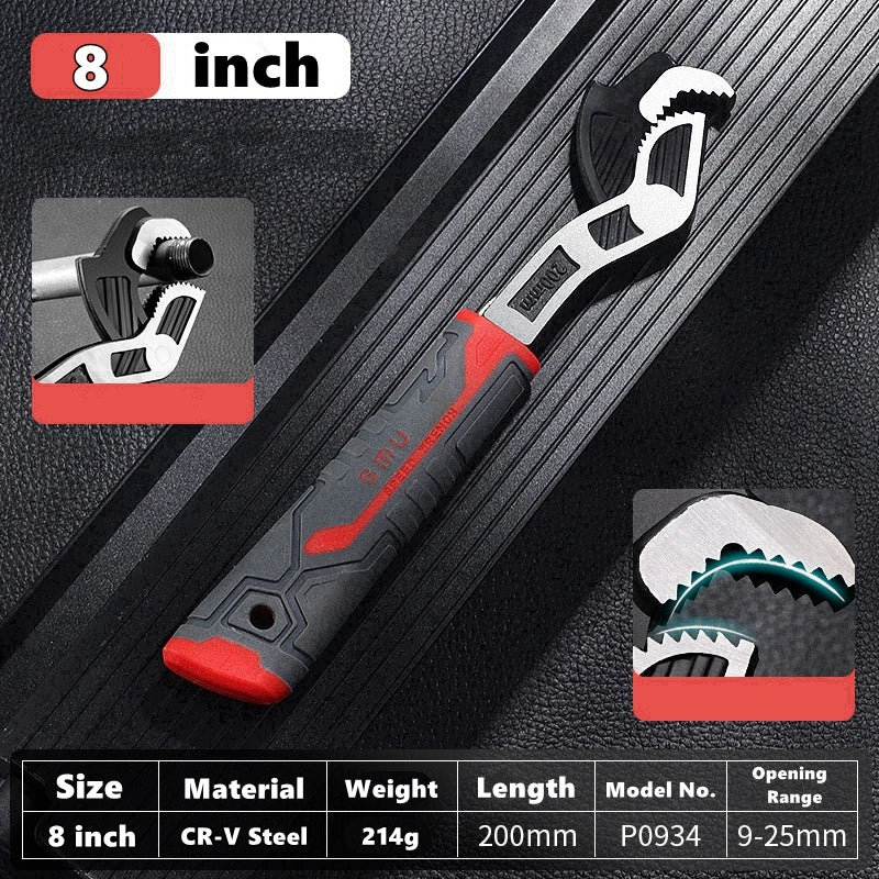 An 8 inch CR-V Steel adjustable multi-sized locking wrench with a red handle and green teeth shown against a dark background.