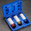 A blue plastic case containing a set of white and gold impact sockets for drive wheels.
