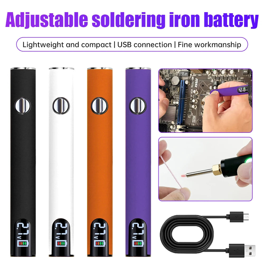 Einstellbares Lötkolbenbatterie in schwarz, weiß, orange und lila mit USB-Kabel.