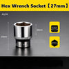 A silver hex wrench socket with a 27mm size marking is shown against a dark background.