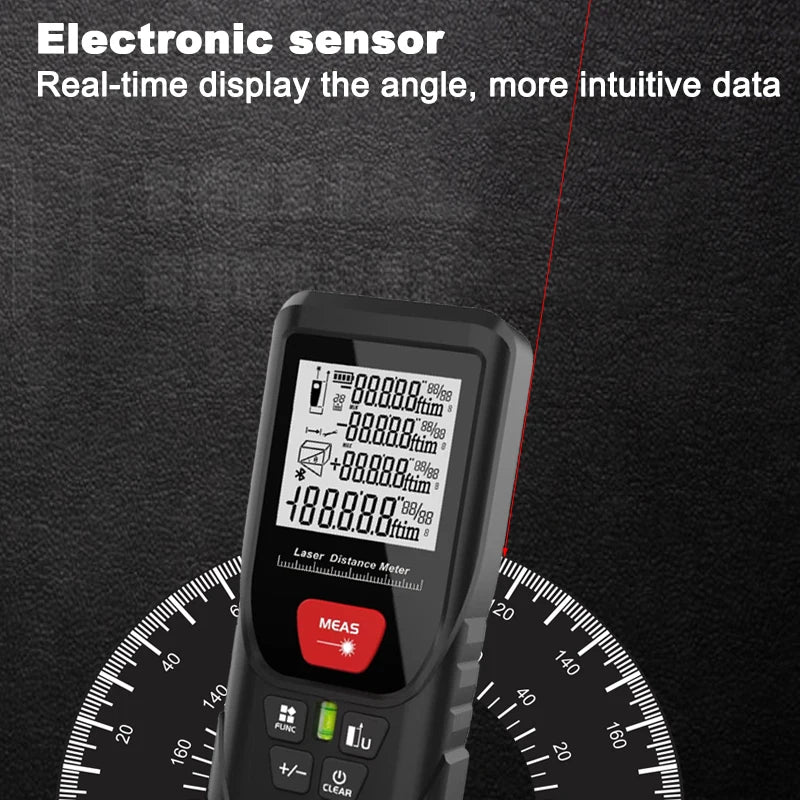 A black electronic sensor laser distance meter device shown against a dark background with a circular scale.