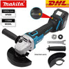 A Makita cordless brushless angle grinder with various attached parts shown.
