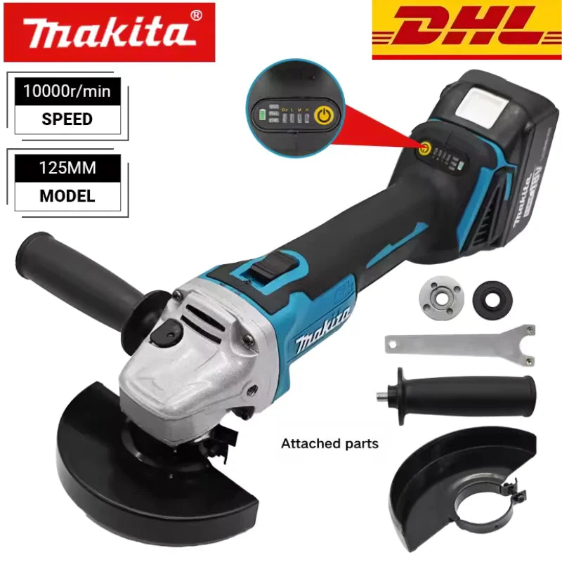 A Makita cordless brushless angle grinder with various attached parts shown.