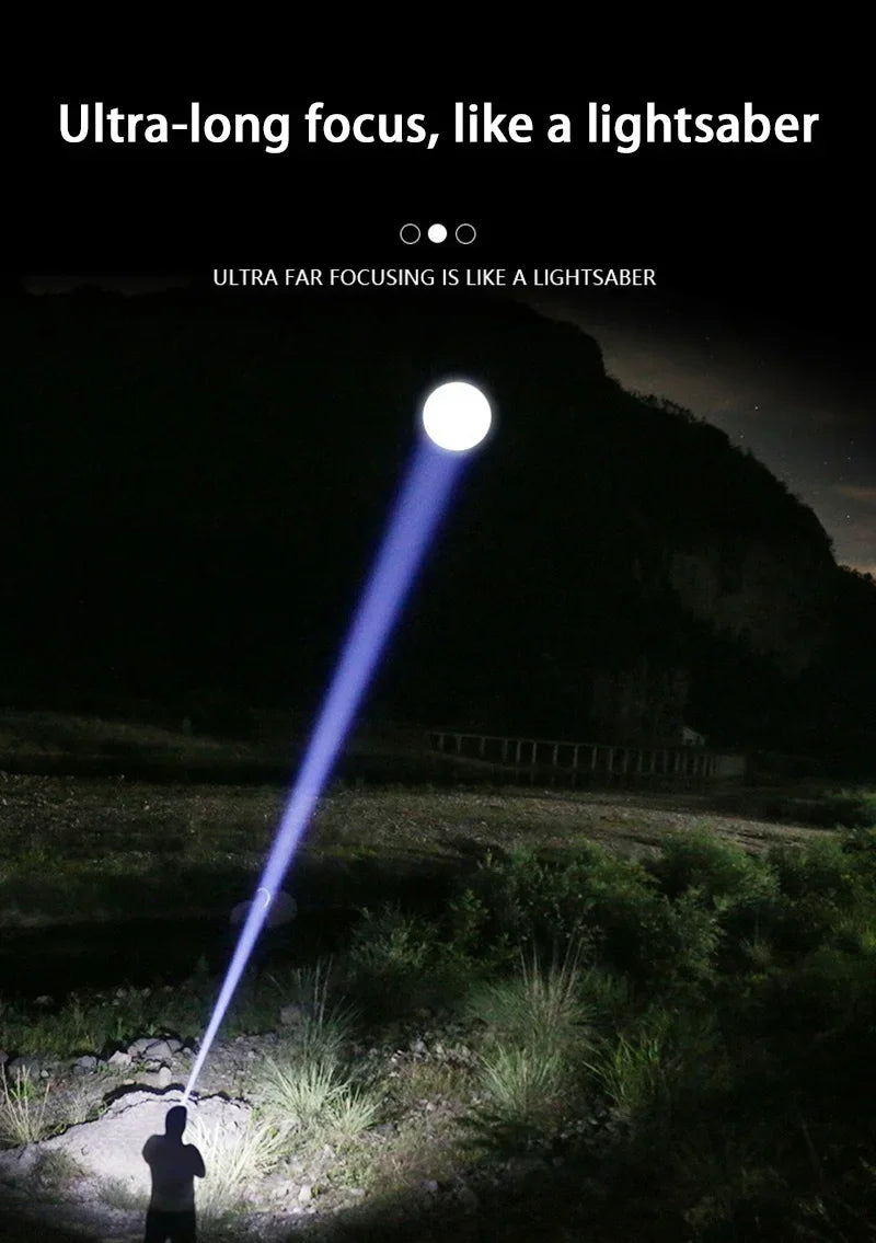 A bright beam of light from a flashlight illuminates the ground and a silhouette of a person.