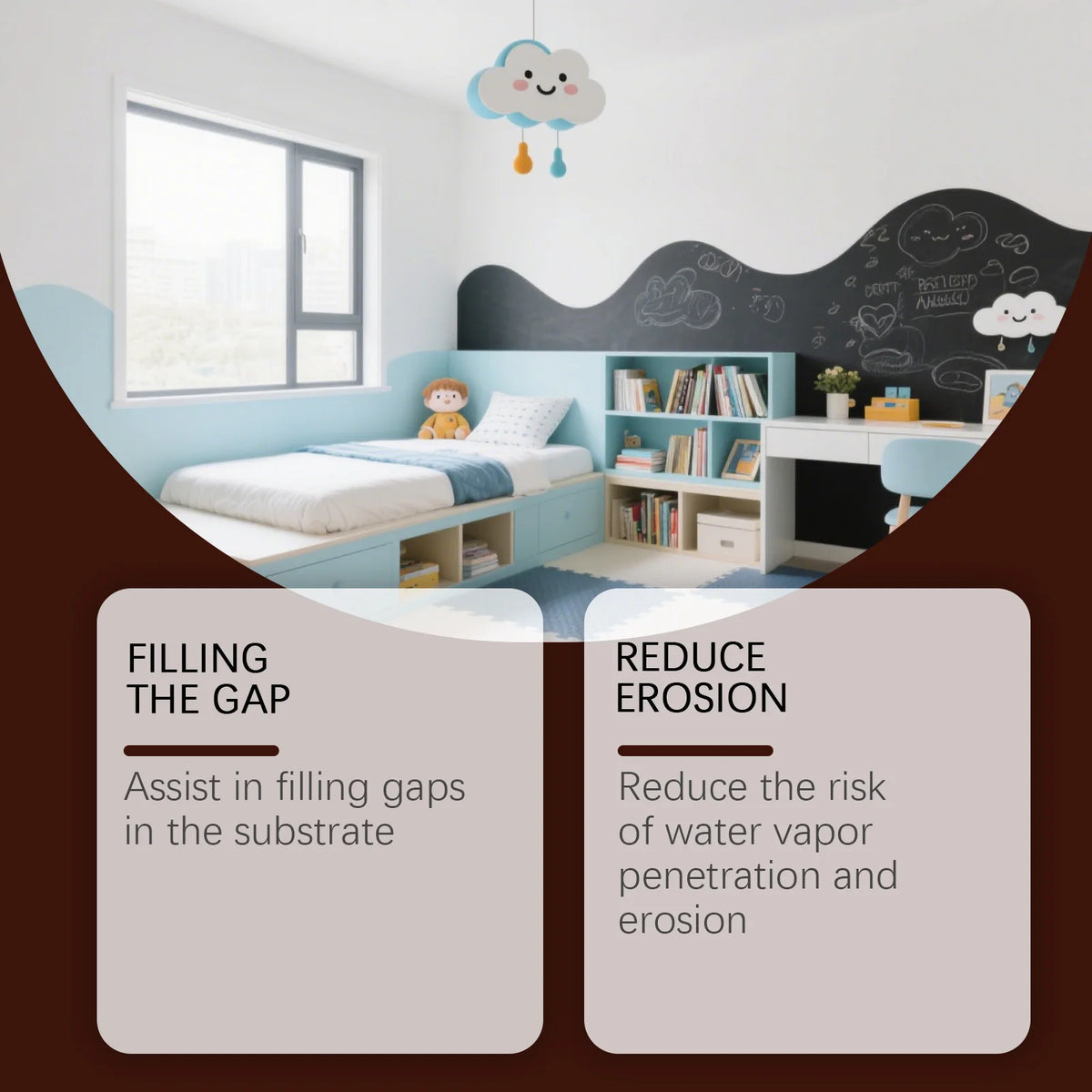 A self-leveling concrete crack filler is shown in a room with a window and a bed, illustrating its use for filling gaps in th