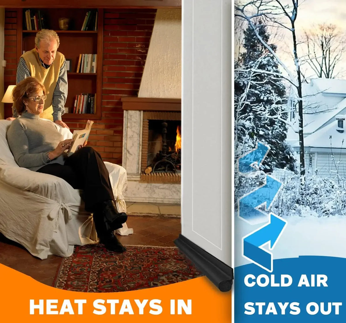 A door draft stopper is shown next to a fireplace with a snowy outdoor scene, illustrating how heat stays in and cold air sta