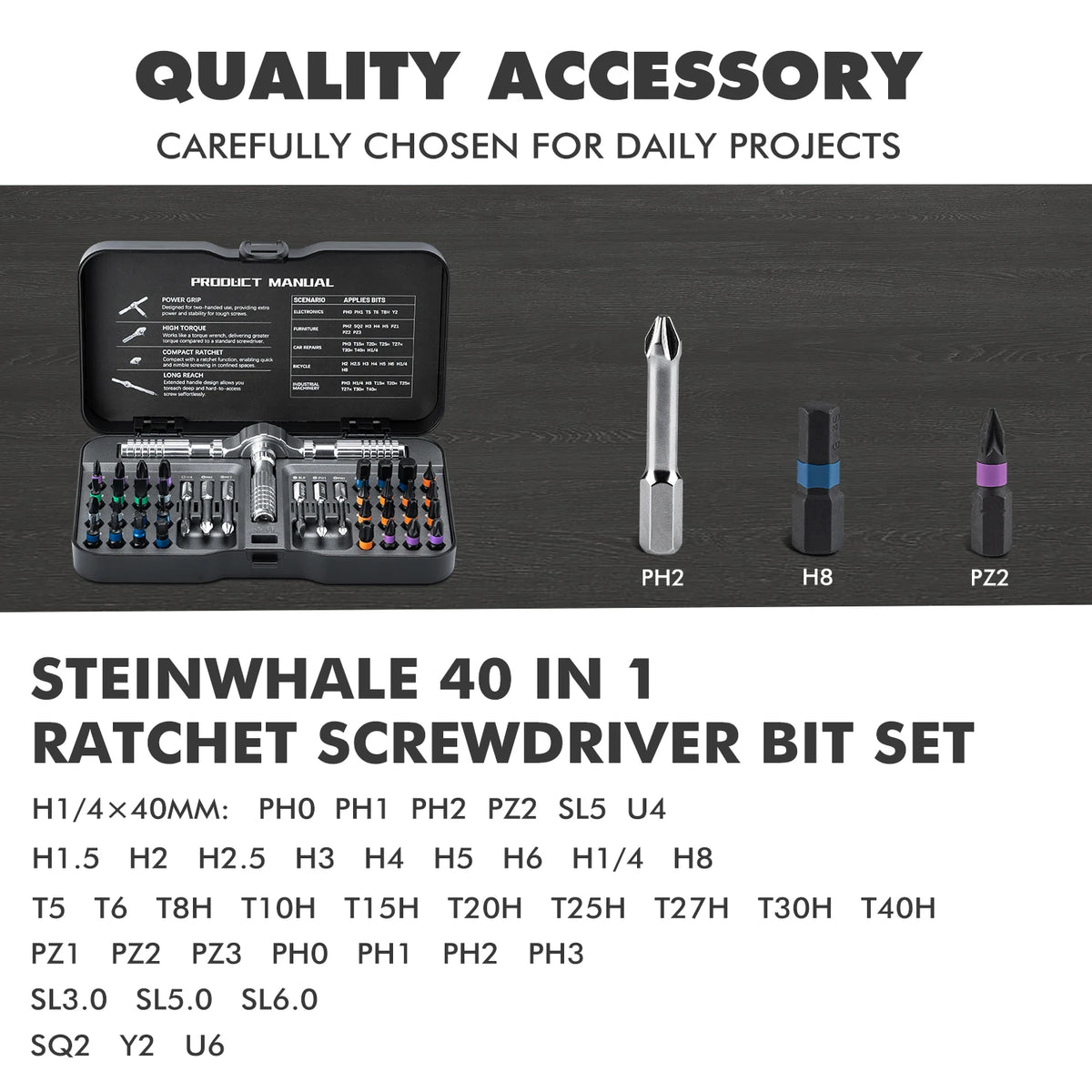 Steinwhale 40 in 1 ratchet screwdriver bit set showing various sizes and types of bits