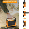 An orange solar LED flood light with an adjustable handle is shown being used outdoors.