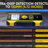 A yellow wall detector scanner is shown detecting various materials like wood, AC wires, and metal pipes.