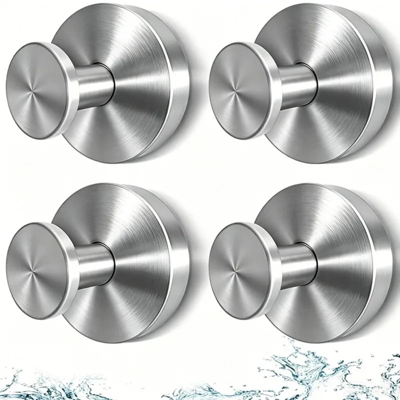 Close-up view of heavy duty stainless steel suction cup shower hooks in brushed metal finish.