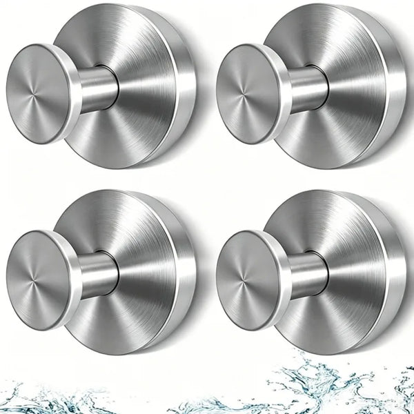 Close-up view of heavy duty stainless steel suction cup shower hooks in brushed metal finish.