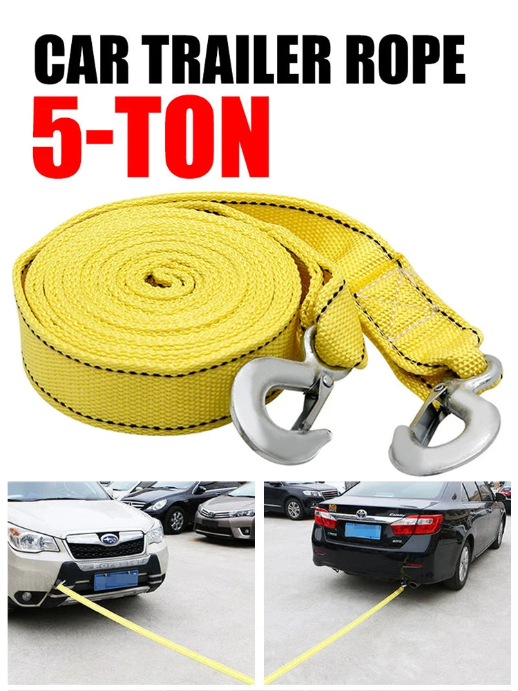 Yellow 5-ton car trailer rope coiled and displayed next to a vehicle for towing.