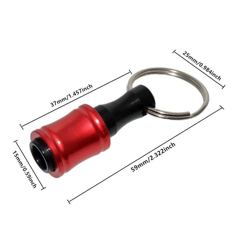 A red and black precision hex shank screwdriver extension tool with a metal loop for grip.