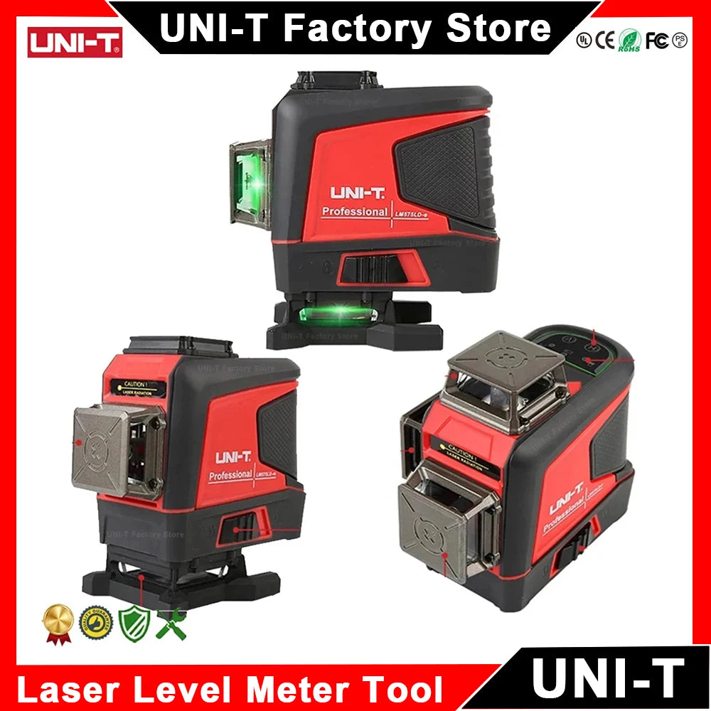 A red and black UNI-T Professional Laser Level Tool is shown in various configurations.